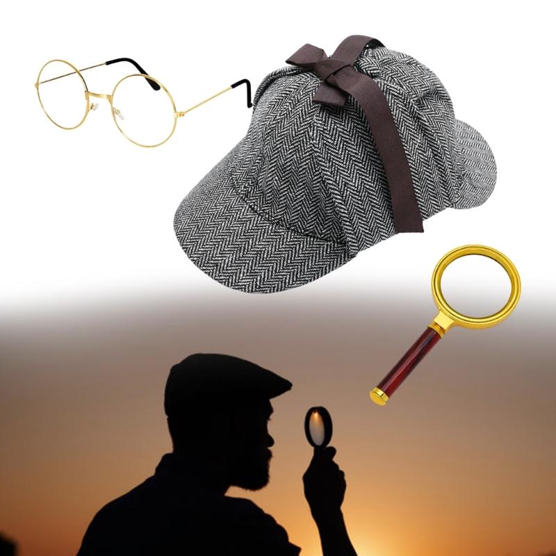 3Pieces Detective Costume Accessories for Adult Teen Detective Hat Magnifying Glass Eyeglass Holmes Detective Kit
