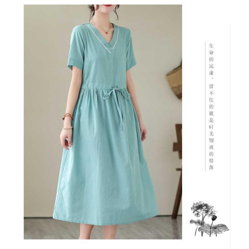V-neck Mid-length Dress Summer New Retro Literary Large Swing A-line Skirt