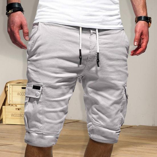 Mid-Rise Elastic Waistband Drawstring Multi Pockets Men Shorts Solid Color Loose Fitness Cargo Shorts Streetwear