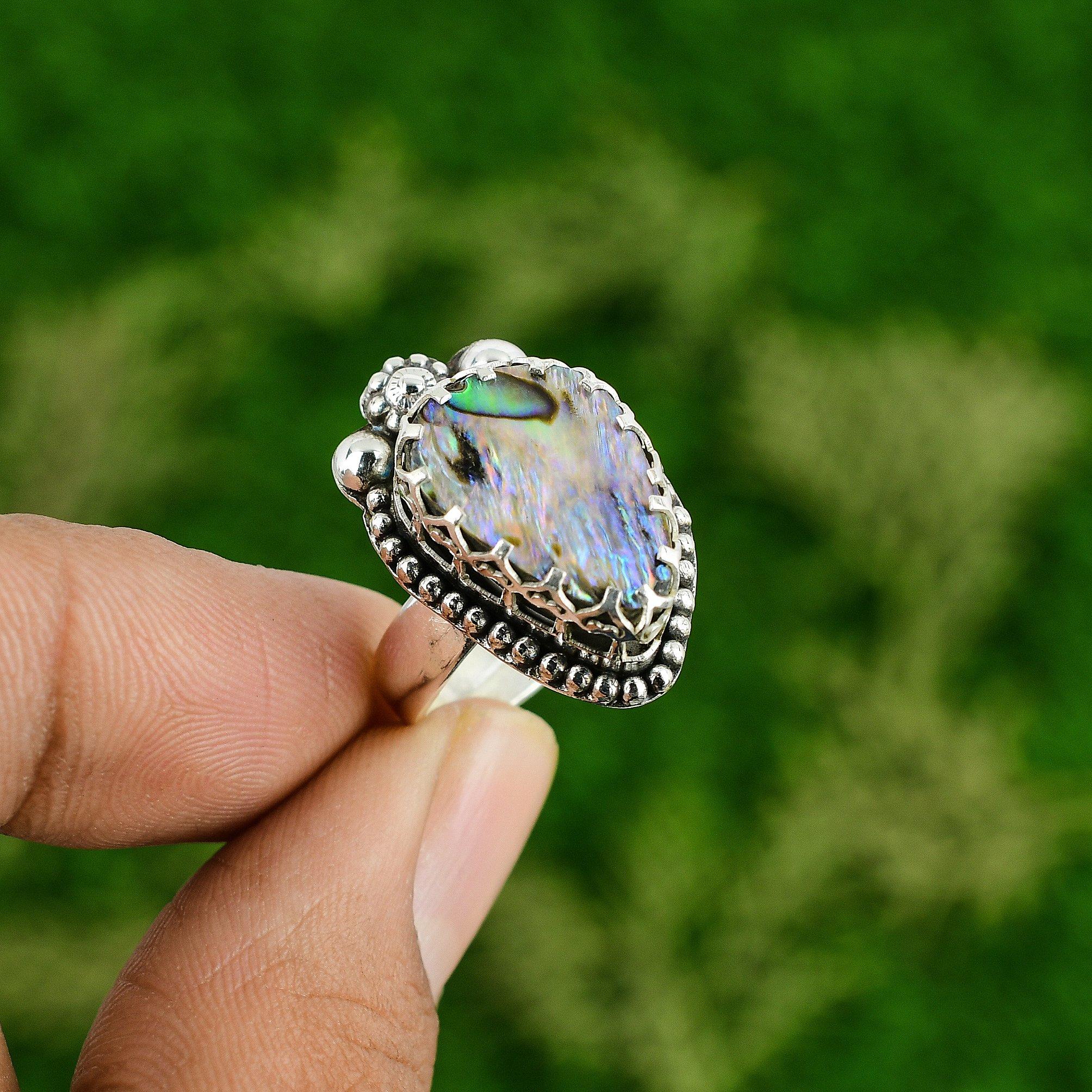

Natural Abalone Shell Gemstone Statement Adjustable Ring 925 Silver For Women Adjustable