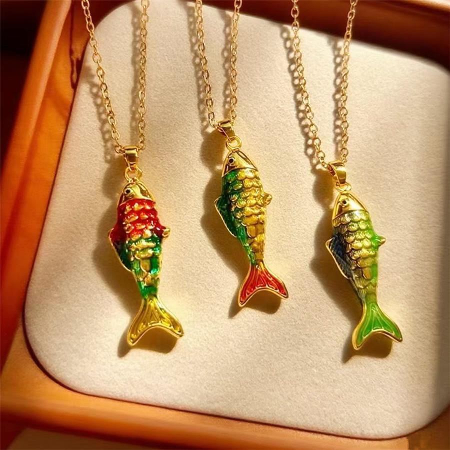 Vintage Koi Fish Pendant Necklace Handmade Colorful Ocean Series Trendy Statement Chain Jewelry for Women