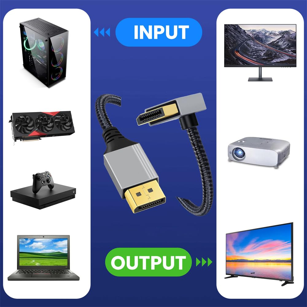 NFHK 2M Abgewinkelt DisplayPort DP zu DP 4K Silber Ultra HD UHD 90 für und Grafikkarten Kabel, 60Hz, Gesleevt, Grad, Desktops, Laptops, Monitore,