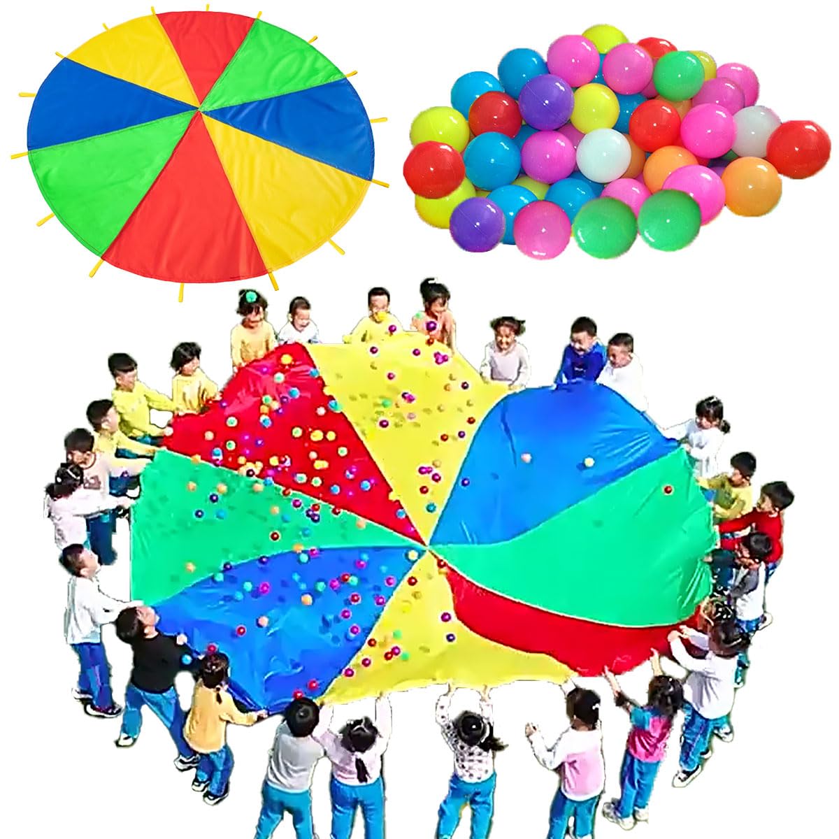 

SALUDABLE Para Balloons, Balls, Play Parachute Toy for Sports Days, Outdoors, Kindergarten, and Daycare (3m + 30 Balls)