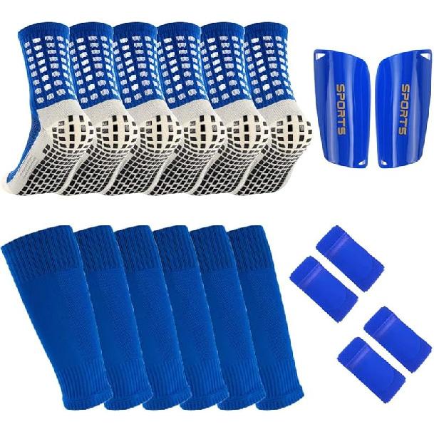 3 Pairs Mens Grip Soccer Socks, 3 Pairs Shin Sleeves with 1 Pack Shin Guards and 4 Shin Straps, Soccer Football Game Set 11 Pcs синий