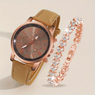 2pcs/set Women's Elegant Watch Fashion Casual Analog PU Leather Band Wrist Watch & Rhinesone Bracelet, Best Gift for Her