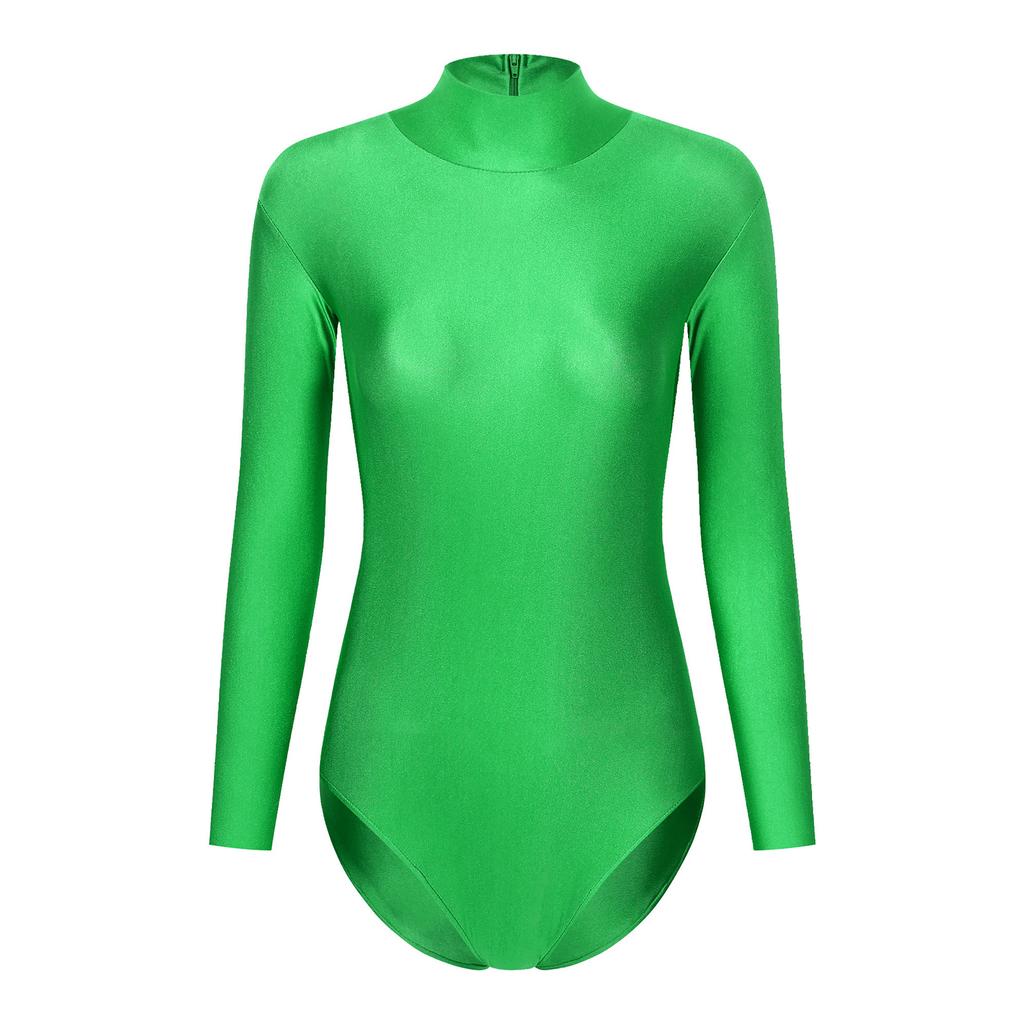 Womens Mock Neck Bodysuit Long Sleeve Leotard Solid Color Zipper Back Stretchy Gymnastics Dance Practice Wear