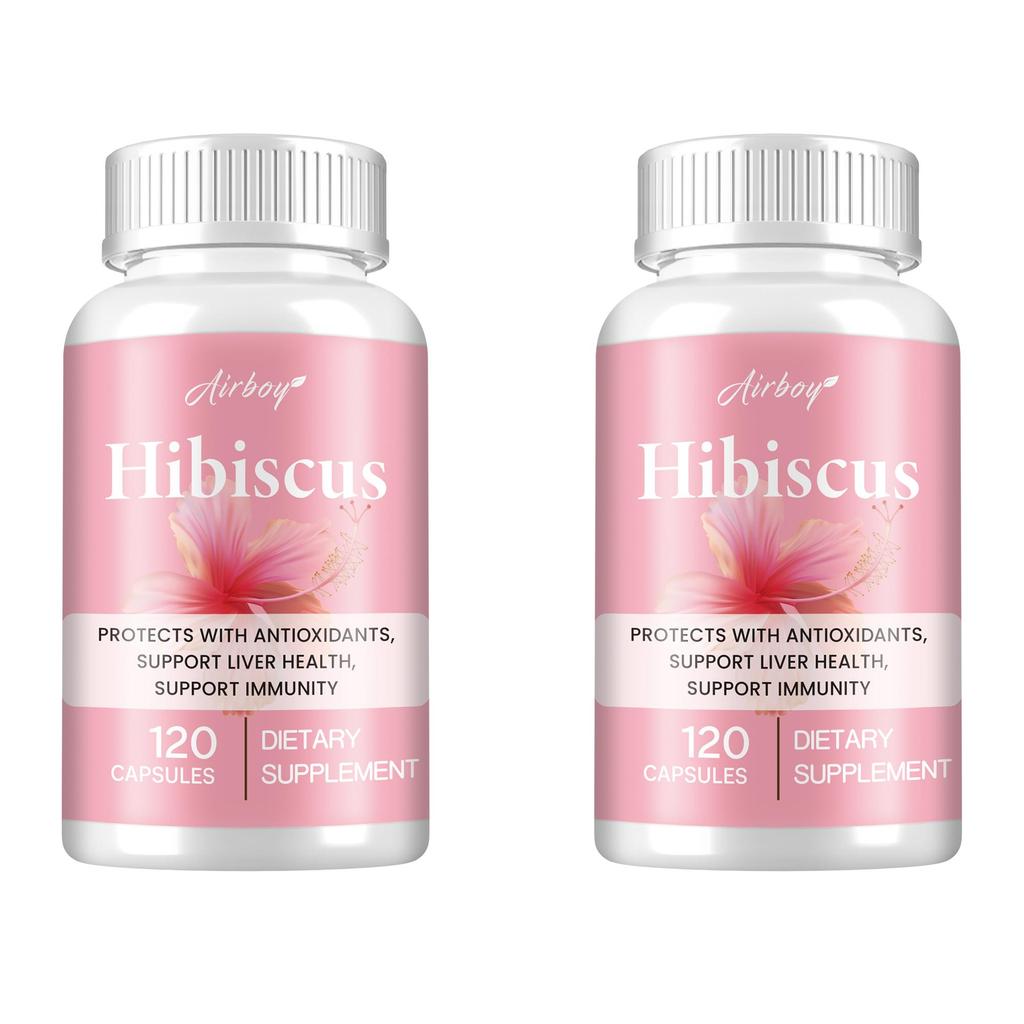 Airboy Organic Hibiscus Capsules, containing minerals, antioxidants, and supporting immune health, suitable for adults.