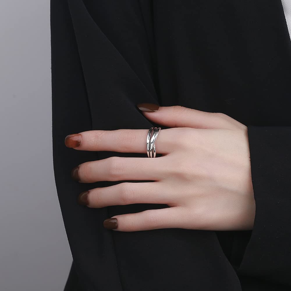 Shiny Surface Open Silver Pure For Accessory [Deelfel] Women's Ring, Simple, Three-Row, Silver, Cross, Ring, Ring, 925, Silver, Hypoallergenic,