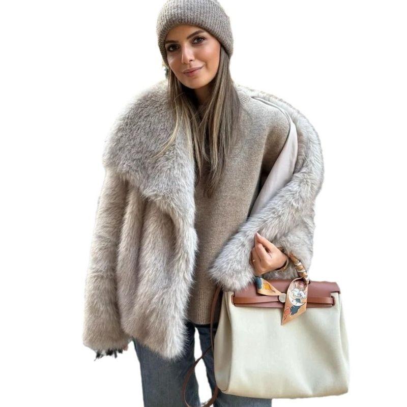 European and American Outwear Fall and Winter Faux Fur Coat Outwear Women's Large Lapel Internet Celebrity Imitation Fox Fur Jacket Outwear Coat