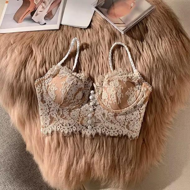 French Lace U-Shaped Low Back Bra, Ultra-Thin Bust Minimizer Push Up Full Bust Coquette Women Bra