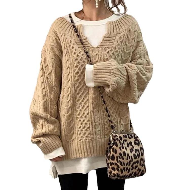 Casual Loose V-neck Knitted Sweaters Long Sleeve Women Jumpers for Ladies Autumn Winter Pullovers