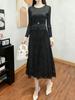 Elegant French Spliced Lace Dress for Women, Beaded Round Neck, Slimming Pleated Design, High Elasticity.
