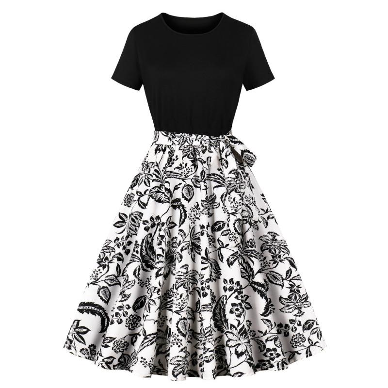 

Summer New Retro Women s Crew Neck Short Sleeve Black Patchwork Printing Pendulum Dress M