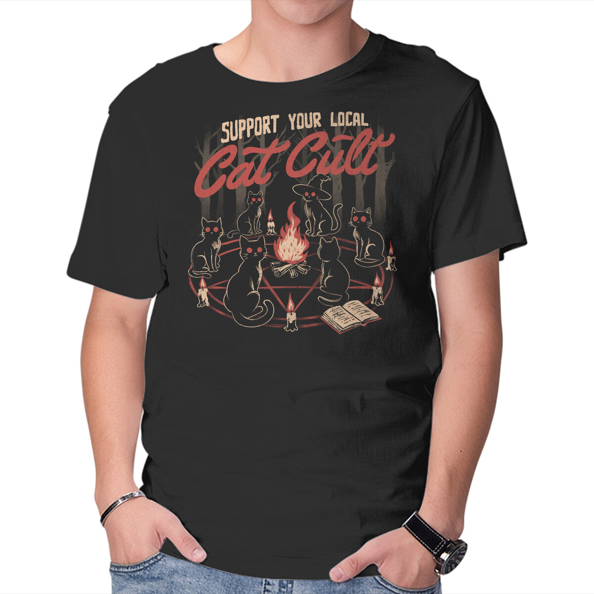 Unisex Crew Neck T-Shirt Support The Local Cat Cult Graphic Short Sleeve Casual Tee XS