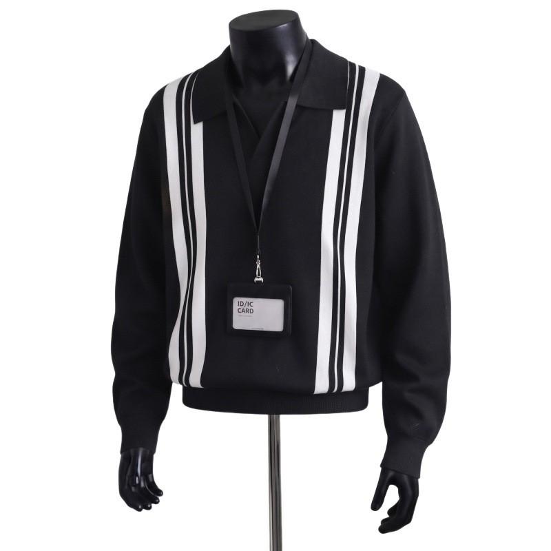 Mens Vintage Collar Striped Knit Sweater Casual Business Pullover Shirt