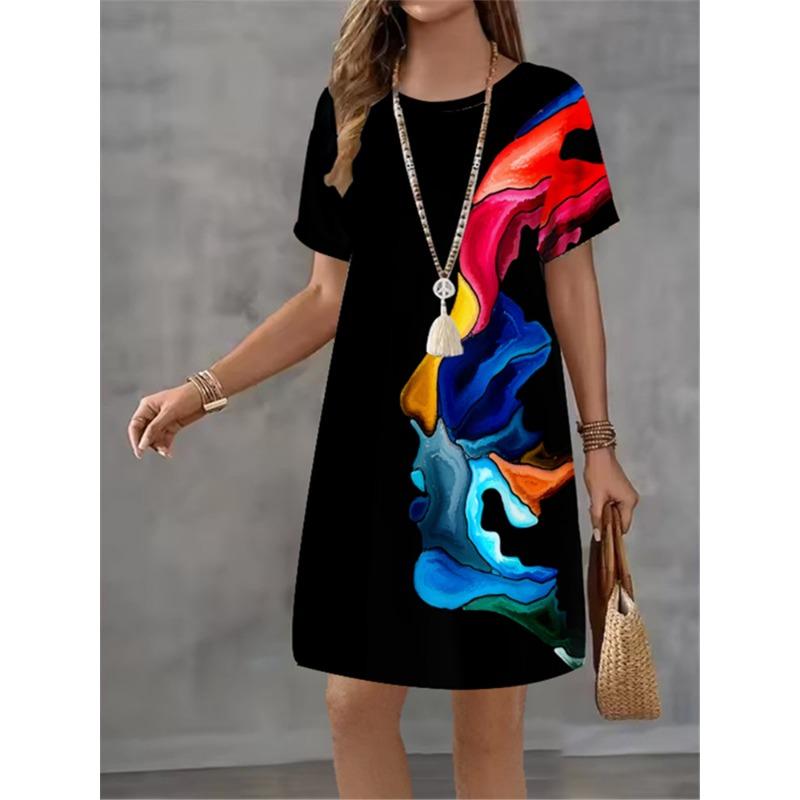 Women Elegant Print Casual Retro Mini Round Neck A-line Dress Temperament Dress Summer New Short Sleeved Dress Fashion New Dress