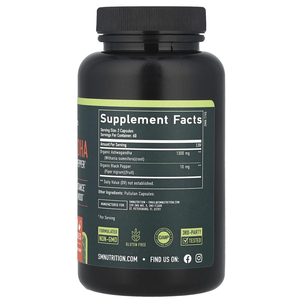 SMNutrition Ashwagandha, Black Pepper, 120 Capsules