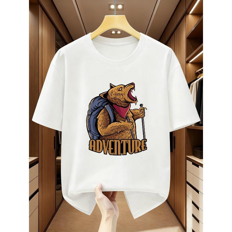 Europäische Größen Herren T-Shirts Wanderbär Aufdruck Rundhals Kurzarm T-Shirt, Zeigt Abenteuergeist Bequemes Lässiges Kurzarm-T-Shirt