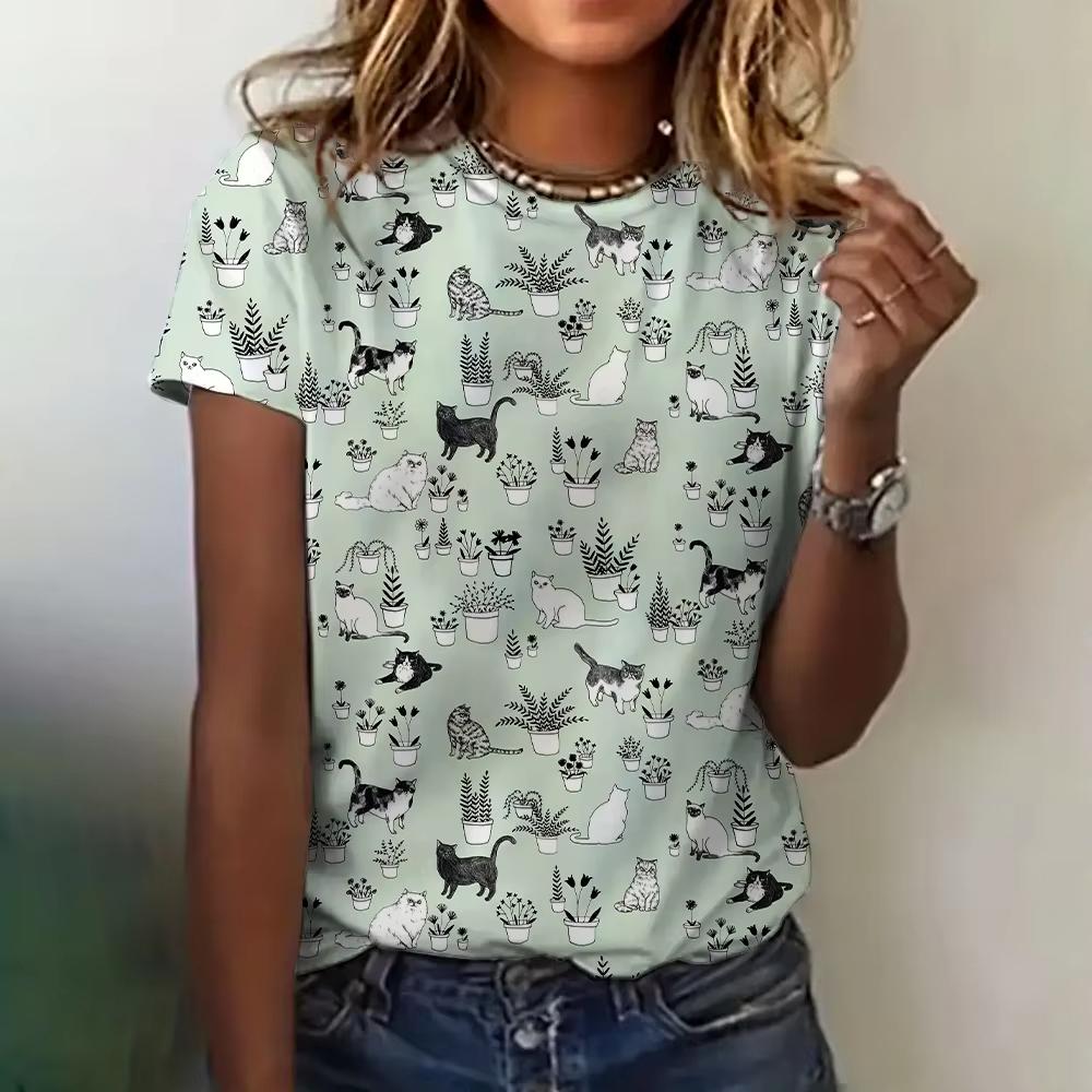 New Women's T-shirt, Summer Cartoon Cat 3D Printed T-shirt, Fashionable Casual Round Neck T-shirt, Women's Short Sleeved T-shirt, Elegant T-shirt