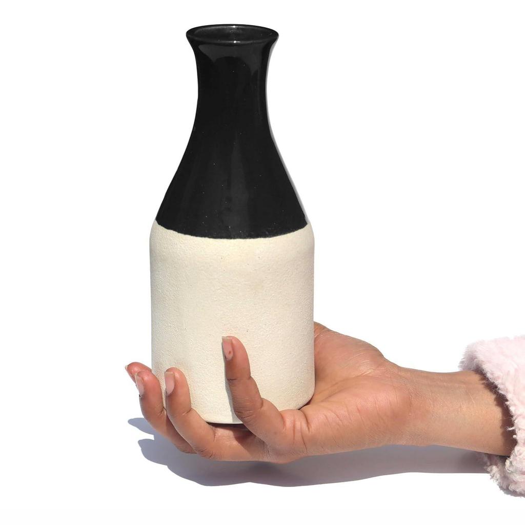 Handcrafted Black Ceramic Bottle-Shaped Flower Vase (8 Inches) for Home Décor, Living Room, Gifting, Decorative Small Vase (Flower NOT Included)