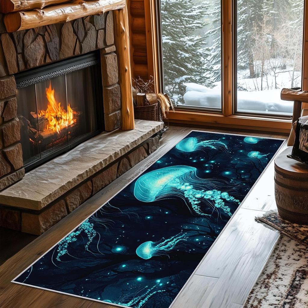 Ocean Theme Runner Rug Whale Shark Turtle Seahorse Jellyfish Print Carpet Colorful Cartoon Illustration Non-Slip Hallway Mat