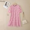 ZANZEA Women Casual Round Neck Short Sleeve Patchwork Lace Crochet Dress
