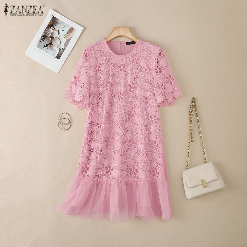ZANZEA Women Casual Round Neck Short Sleeve Patchwork Lace Crochet Dress