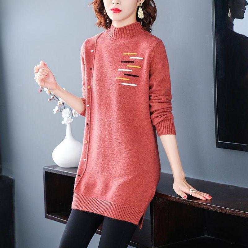 Strickwaren Damen Herbst und Winter Verdickter Mittellanger Pullover Damen Lockeres Halbrollkragen-Strickhemd