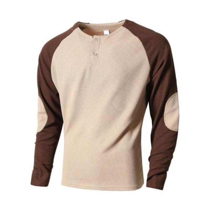 Spring Fall Men Top Regular Fit Colorblocked Long-Sleeve T-Shirt Buttoned Round Neck Patch Decor Casual Sports Parties T-shirt