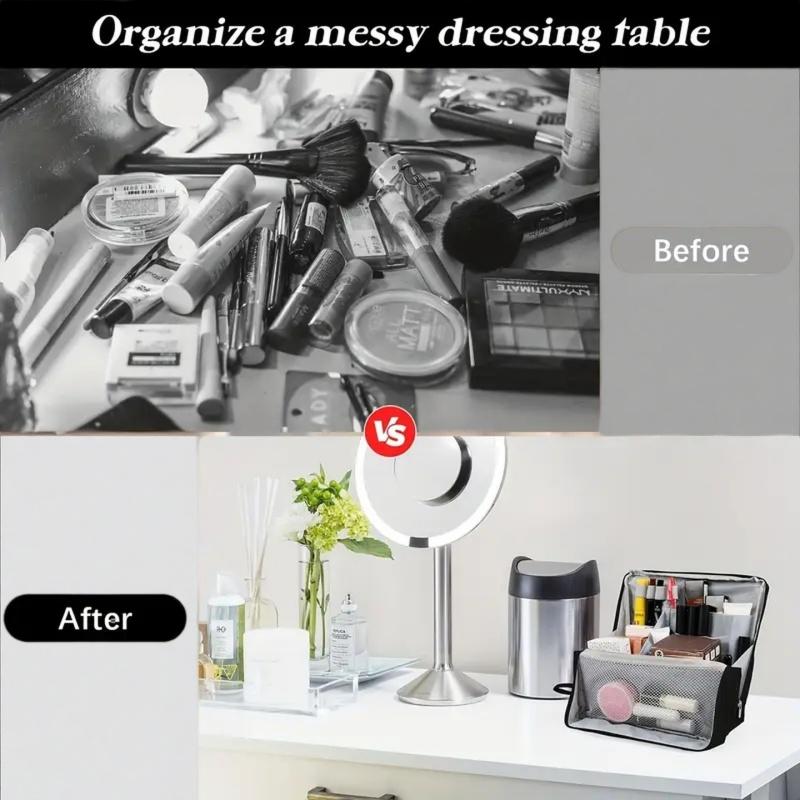 Large-Capacity Cosmetic&Stationery Organizer Bag Multifunctional Portable Multi-Layer Beauty Cosmetic Bag with Mesh Compartments