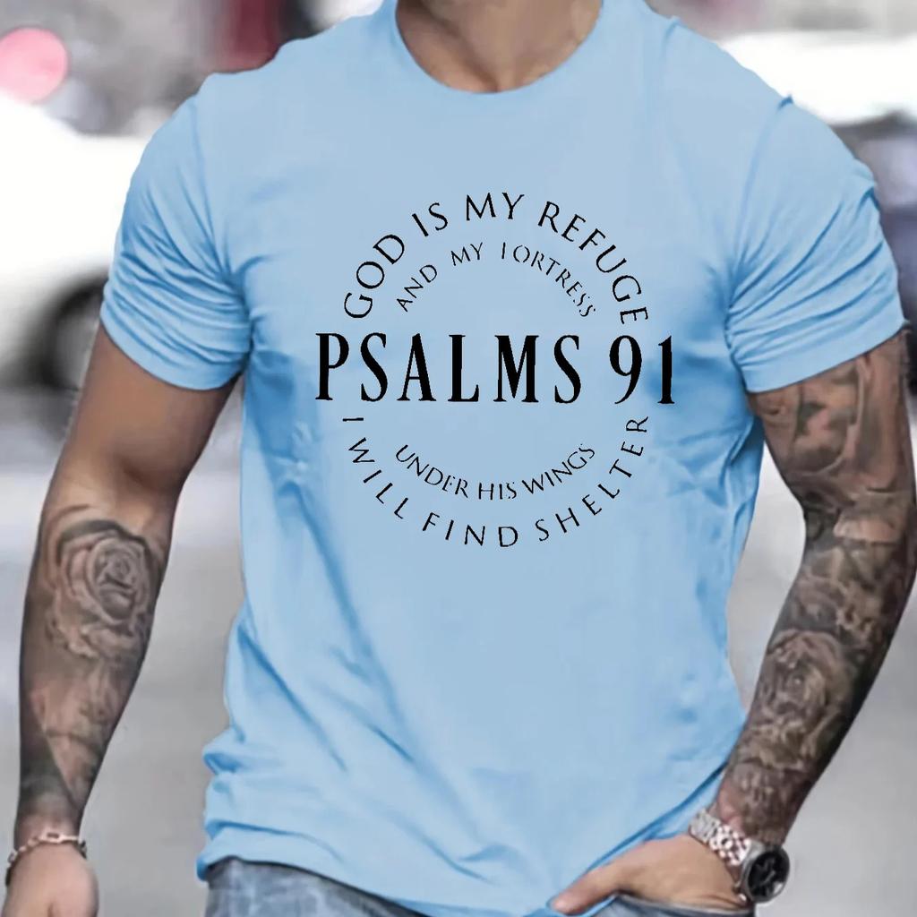 Summer Men's T-shirt 100% Cotton Loose T-shirt Trendy Letter Psalm 91 Letter Ring Print Casual Round Neck Short Sleeve T-shirt