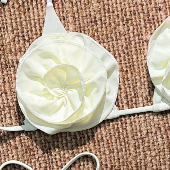2Pcs/Set Women Bikini Set High Slit Swimming Trunks Adjustable Halter Strap 3D Hand-Sewn Flowers Bikini Bra Set Vacation Party Swimwear