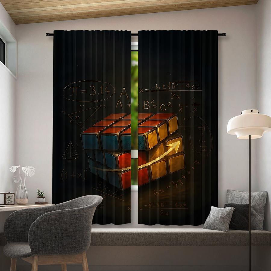 Set Of 2 Rubik Cube Printed Curtains Pole Bag Christmas Decorations Home Room Curtain Polyester