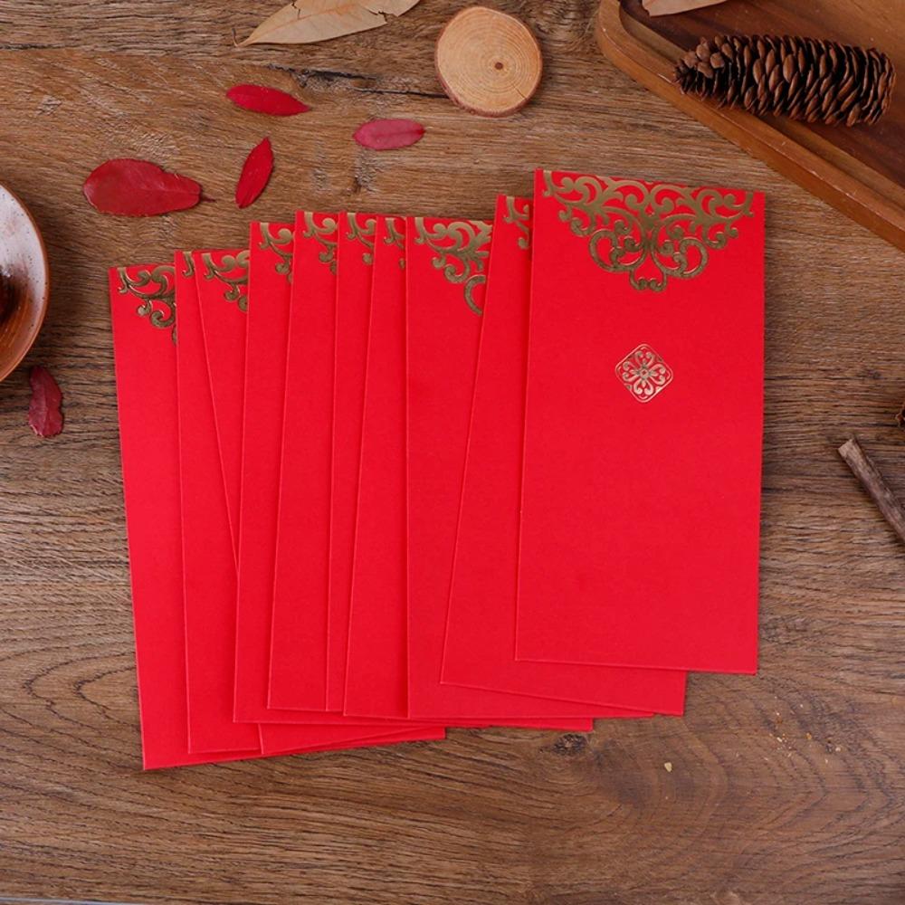 10pcs Paper Gold Printing Red Pocket Red Lucky Money Bag Chinese Red Envelopes  2024 Spring Festival