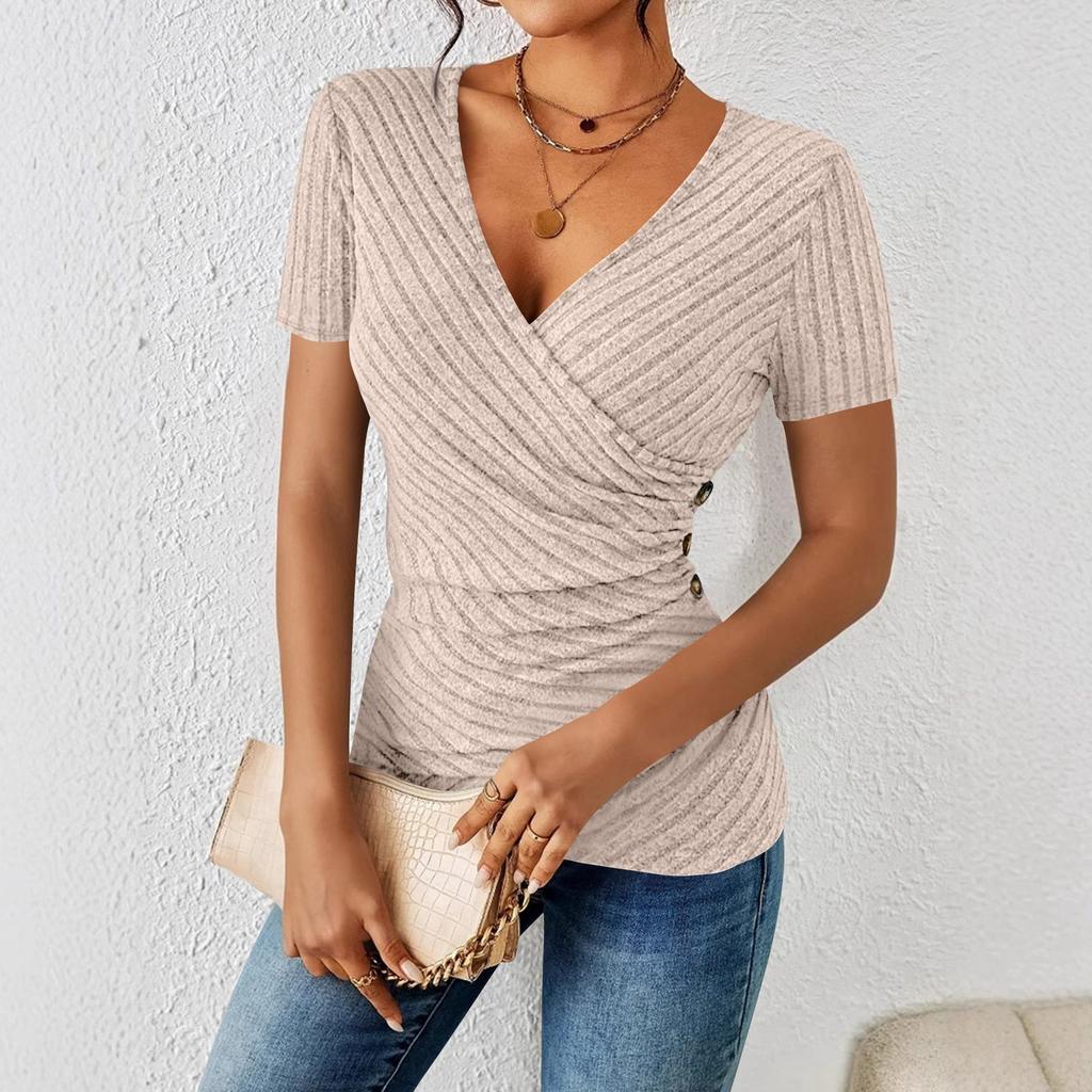 Women's Fashion Casual Color V-neck Casual Short-sleeved Top