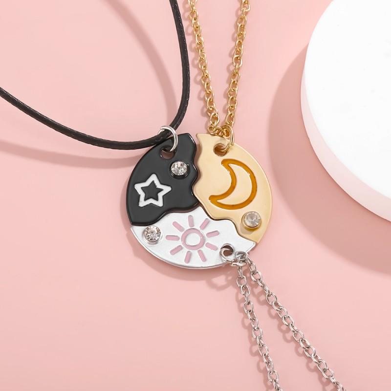 

Alloy Cartoon Cross-border New Splicing Stars Moon Sun Three-piece Set Colorful Necklace Round Diamond-encrusted Pendant