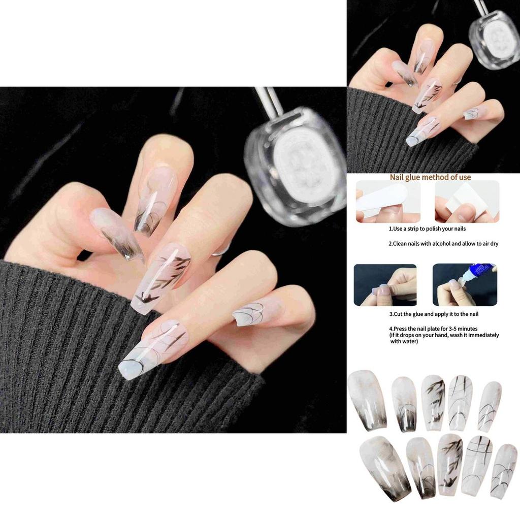 Hand-painted Chinese Ink Mountain And Water Nail Sticker Wearable Artwork False Nails For Women