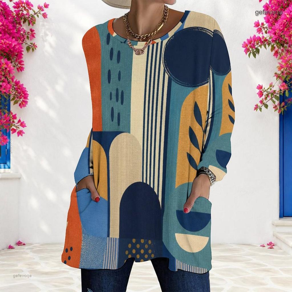 Women Plus Size Round Neck Long Sleeve Geometric Printed Loose Longline T Shirt With Pockets