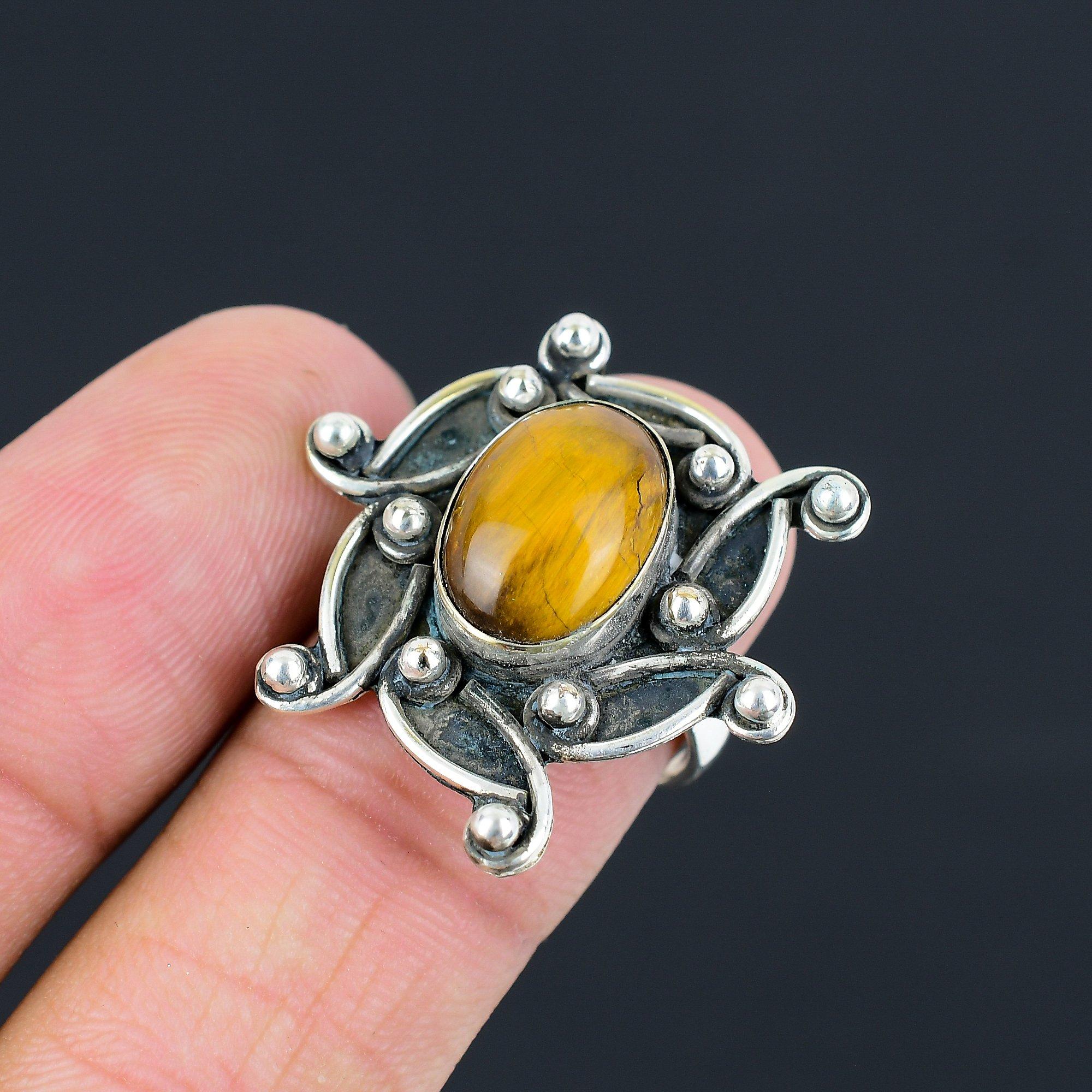 Natural Tiger Eye Statement Sacral Chakra Ring Jewelry 925 Sterling Silver US 8 8