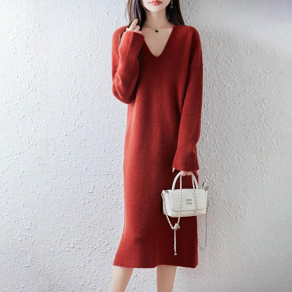 2025 Nowa Koreańska Sukienka Wełniana Dzianinowa o Długości Midi z Dekoltem V na Jesień i Zimę