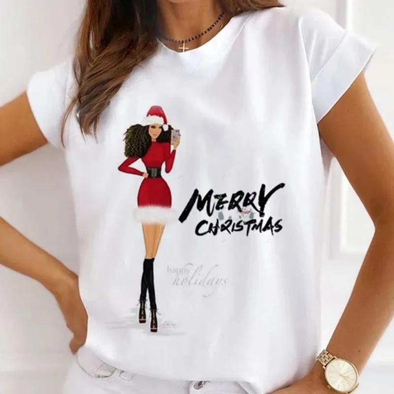 Festival Christmas Printed Short Sleeved Casual Womens Tshirt Crewneck Tops Kawaii Fashion Women TShirt Clothes Harajuku