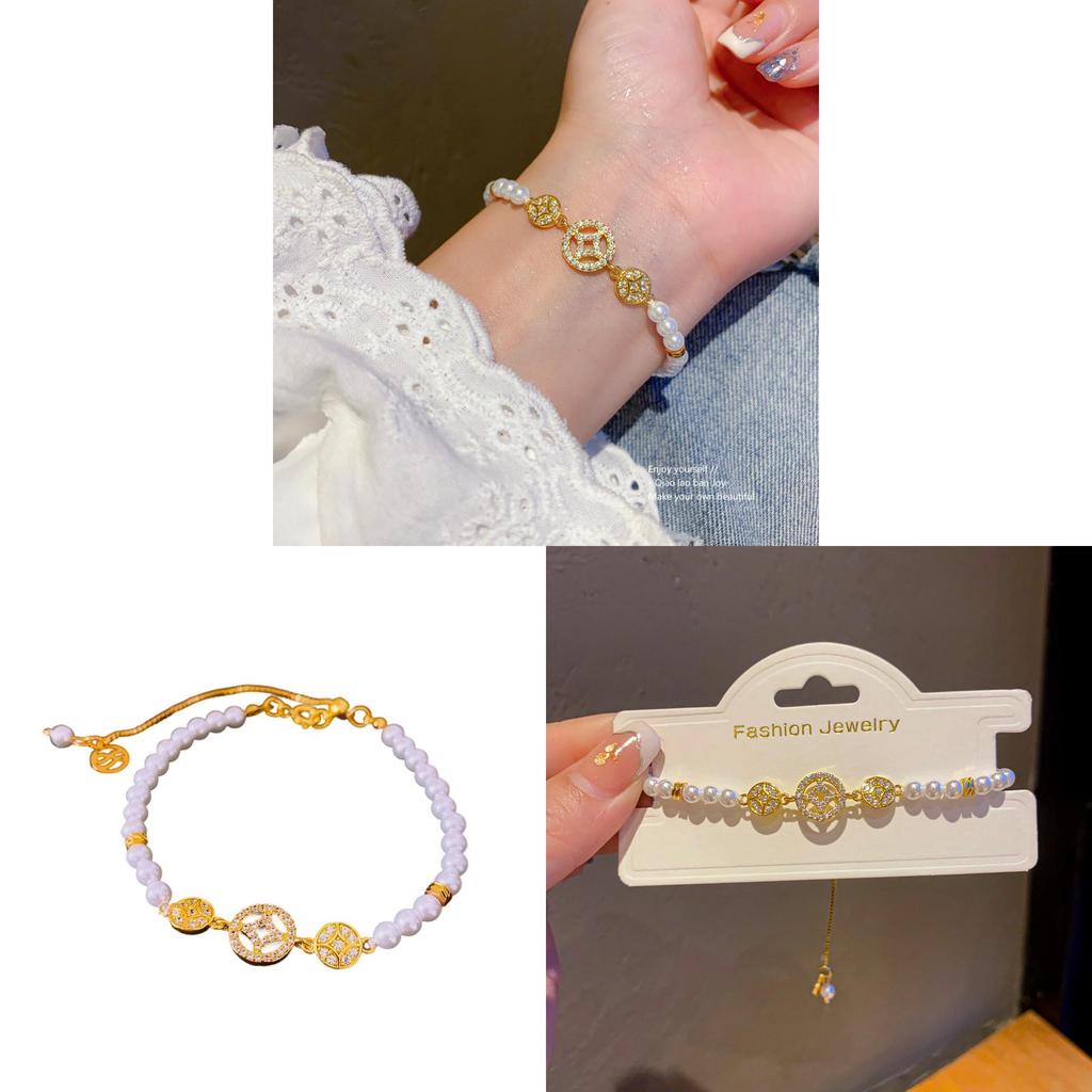 Light Luxury Gold Plated Zircon Copper Coin Pearl Bracelet For Women Gift
