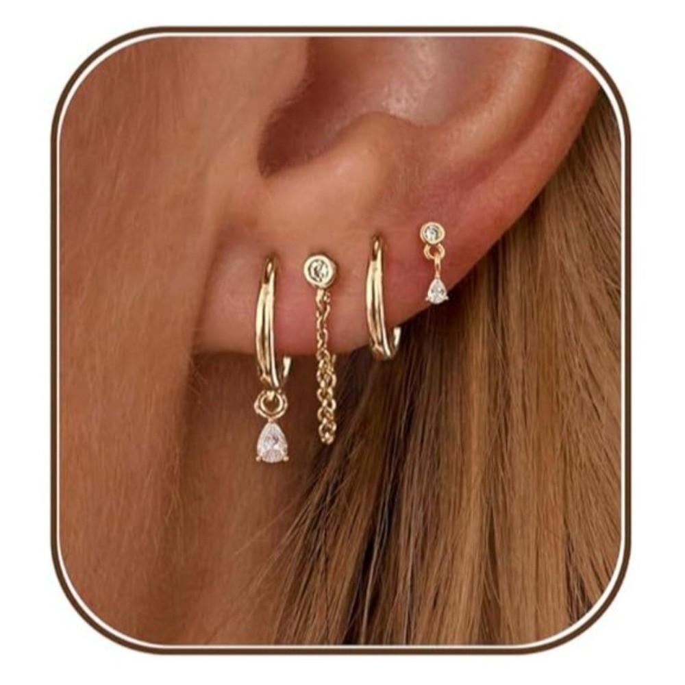 4Pcs/Set Chain Huggie Hoop Earrings Geometric Dangle Earring Set Women Accessories