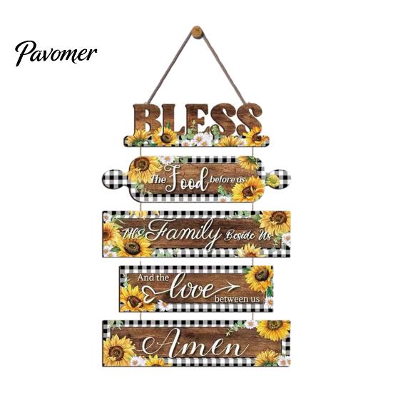 Kitchen Wall Plaque with Rope Wooden Decor, 5 Panel Bless Food Family Love Farmhouse Style Decor Hanging Sign, Art for Dining Room Living Splicing