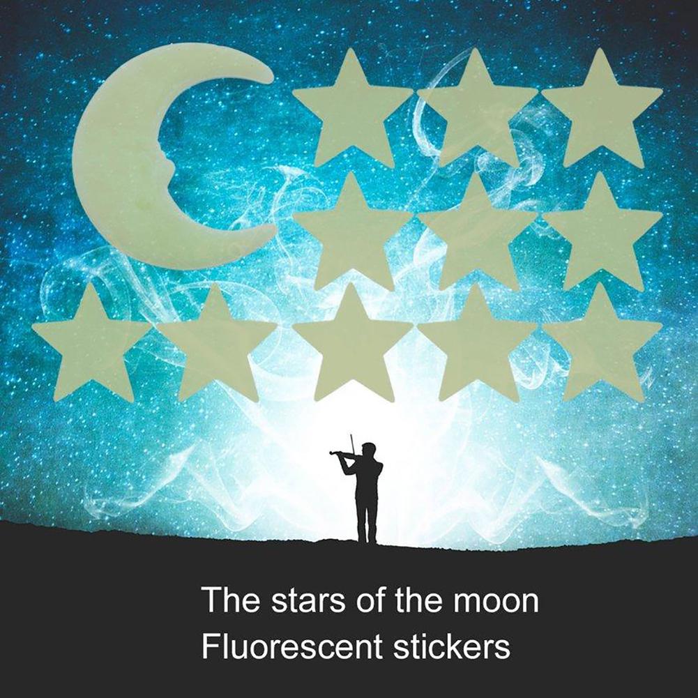 Fashionable 12Pcs Stars Moon Glow In Dark Fluorescent Decal Wall Stickers Home Decoration