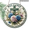 2D Flat Christian Cross Floral Welcome Doorplate, Aluminum Decorative Sign and Plaque, Various Sizes. Country Farmhouse Hanging Door Decoration
