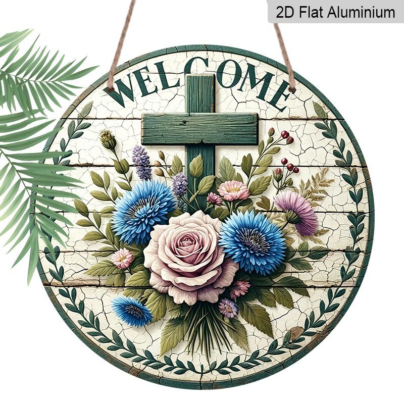 2D Flat Christian Cross Floral Welcome Doorplate, Aluminum Decorative Sign and Plaque, Various Sizes. Country Farmhouse Hanging Door Decoration