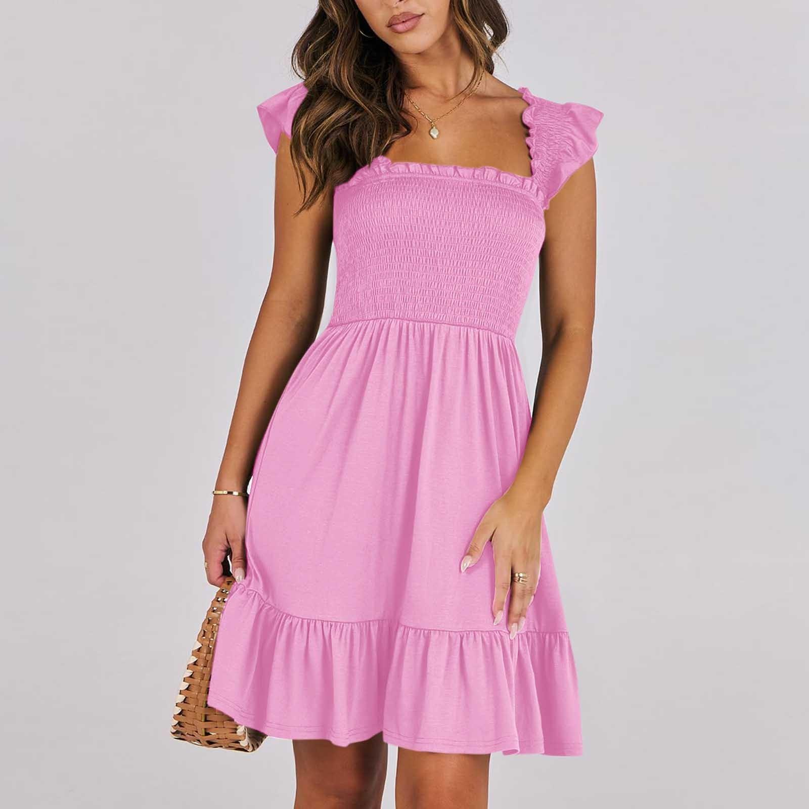 

Летнее платье для женщин, повседневное короткое платье без рукавов с квадратным вырезом и рюшами и открытой спиной в стиле бохо XL розовый