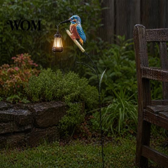 Landscape Lighting for Lawns Solar Kingfisher Garden Stake Light, Metal Bird Yard Art with Hanging Lantern, Auto-On Decorative LED Waterproof Outdoor