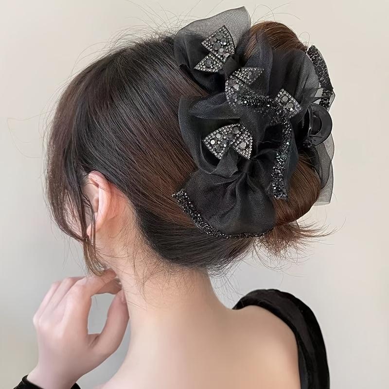 1PC Temperament Simple Girly Style Women's Black Lace Mesh Butterfly Large Shark Clip Hair Accessories